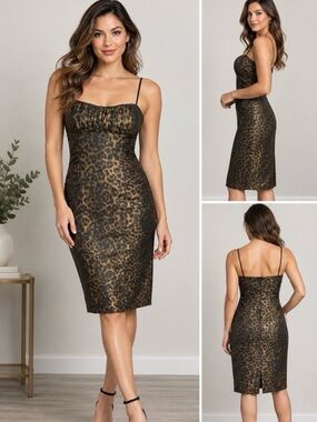 Joseph Ribkoff Gold Leopard Print Spaghetti Strap Cocktail Dress